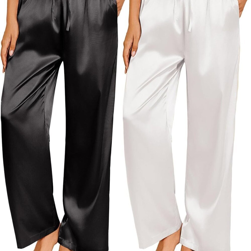 2 Pack Womens Satin Pajama Pants Silk Sleep Lounge Pants Loose Pj Bottom with Po
